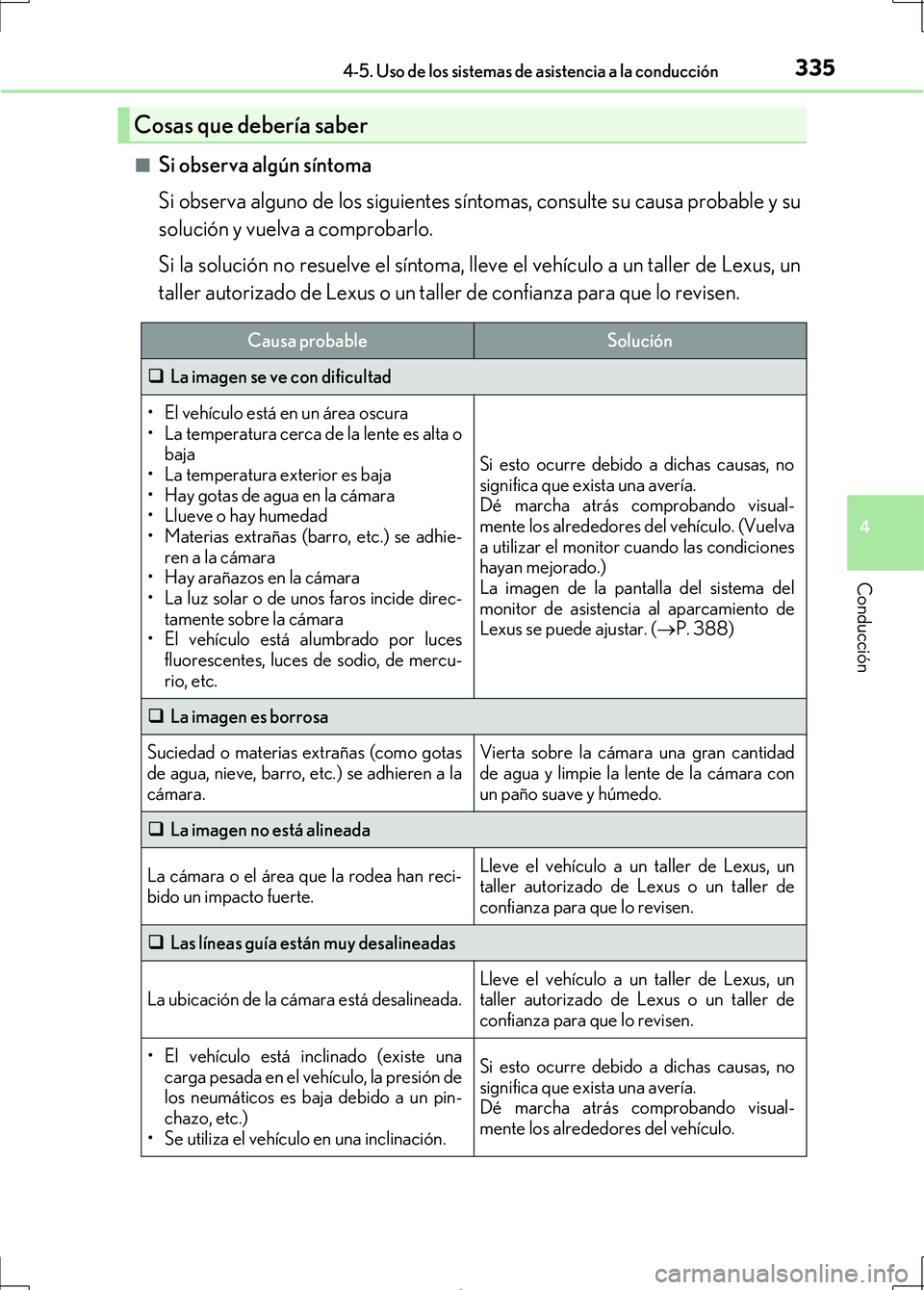 Lexus IS300h 2017  Manual del propietario (in Spanish) 3354-5. Uso de los sistemas de asistencia a la conducción
4
Conducción
IS300h_ES(OM53D92S)■
Si observa algún síntoma
Si observa alguno de los siguientes sí
ntomas, consulte su causa probable y 