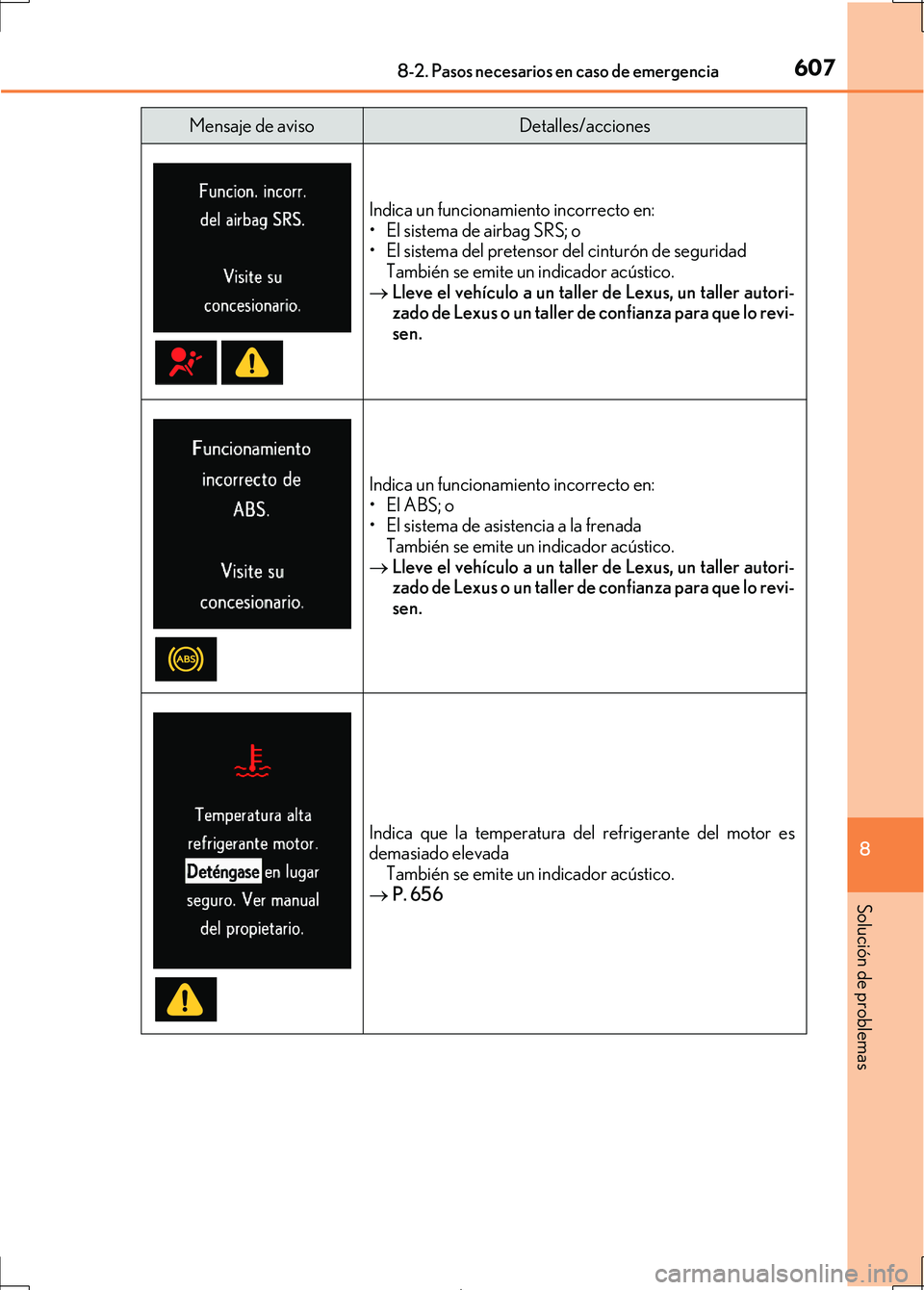Lexus IS300h 2017  Manual del propietario (in Spanish) 6078-2. Pasos necesarios en caso de emergencia
8
Solución de problemas
IS300h_ES(OM53D92S)
Indica un funcionamiento incorrecto en:
• El sistema de airbag SRS; o
• El sistema del pretensor del cin