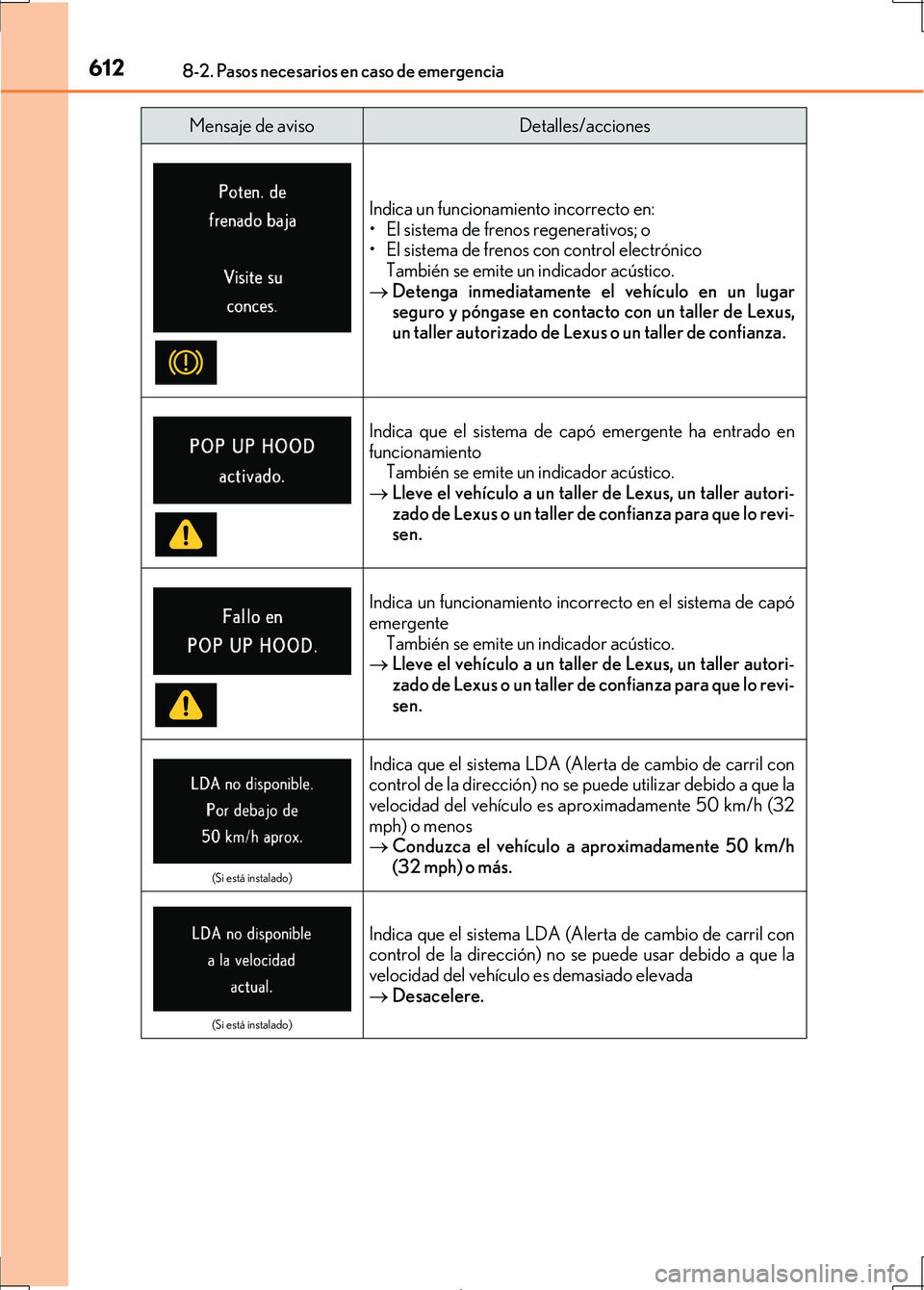 Lexus IS300h 2017  Manual del propietario (in Spanish) 6128-2. Pasos necesarios en caso de emergencia
IS300h_ES(OM53D92S)
Indica un funcionamiento incorrecto en:
• El sistema de frenos regenerativos; o
• El sistema de frenos con control electrónicoTa
