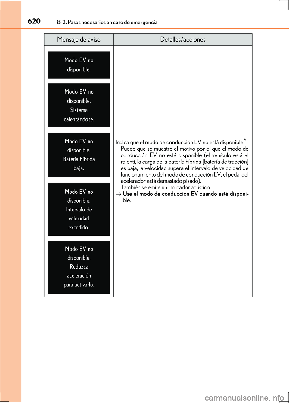 Lexus IS300h 2017  Manual del propietario (in Spanish) 6208-2. Pasos necesarios en caso de emergencia
IS300h_ES(OM53D92S)
Indica que el modo de conducción EV no está disponible*Puede que se muestre el motivo por el que el modo de
conducción EV no está