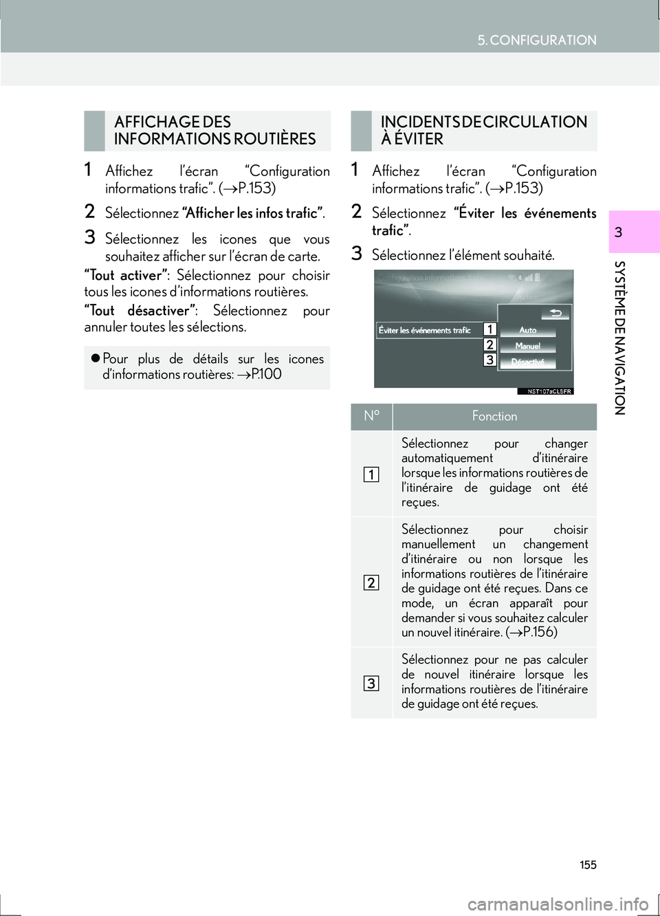 Lexus IS300h 2017 Système de navigation manuel du propriétaire (in French) 155
5. CONFIGURATION
IS_Navi_EK
SYSTÈME DE NAVIGATION
3
1Affichez l’écran “Configuration
informations trafic”. (→P.153)
2Sélectionnez “Afficher les infos trafic” .
3Sélectionnez les i Lexus IS300h 2017 Système de navigation manuel du propriétaire (in French) 155
5. CONFIGURATION
IS_Navi_EK
SYSTÈME DE NAVIGATION
3
1Affichez l’écran “Configuration
informations trafic”. (→P.153)
2Sélectionnez “Afficher les infos trafic” .
3Sélectionnez les i
