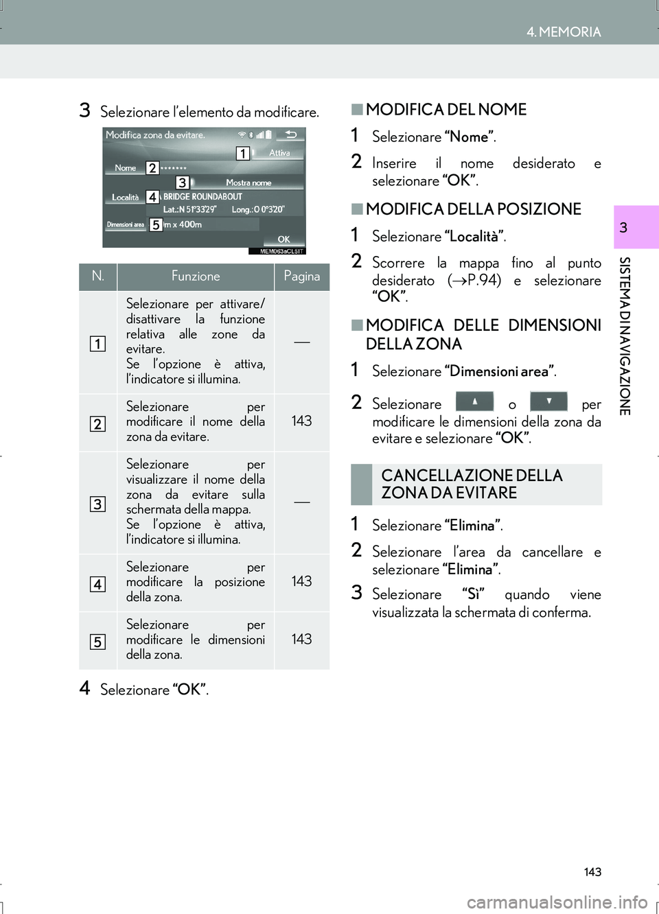 Lexus IS300h 2017  Manuale di navigazione (in Italian) 143
4. MEMORIA
IS_Navi_EL
SISTEMA DI NAVIGAZIONE
3
3Selezionare l’elemento da modificare.
4Selezionare “OK”.
■MODIFICA DEL NOME
1Selezionare “Nome”.
2Inserire il nome desiderato e
selezion