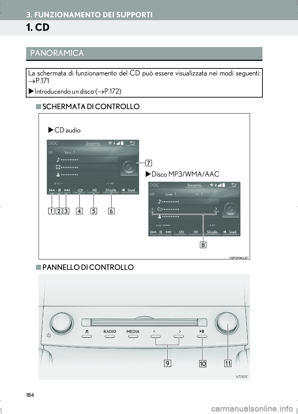 Lexus IS300h 2017  Manuale di navigazione (in Italian) 184
IS_Navi_EL
3. FUNZIONAMENTO DEI SUPPORTI
1. CD
■SCHERMATA DI CONTROLLO
■PANNELLO DI CONTROLLO
PANORAMICA
La schermata di funzionamento del CD può essere visualizzata nei modi seguenti:
→P.1