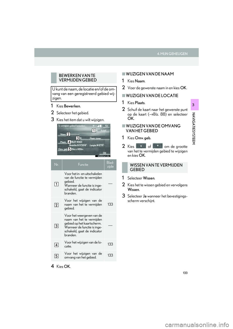 Lexus IS300h 2017 Navigation handleiding (in Dutch) 133
4. MIJN GEHEUGEN
IS_NAVI_EE
NAVIGATIESYSTEEM
31Kies Bewerken .
2Selecteer het gebied.
3Kies het item dat u wilt wijzigen.
4Kies OK.
■WIJZIGEN VAN DE NAAM
1Kies Naam .
2Voer de gewenste naam in Lexus IS300h 2017 Navigation handleiding (in Dutch) 133
4. MIJN GEHEUGEN
IS_NAVI_EE
NAVIGATIESYSTEEM
31Kies Bewerken .
2Selecteer het gebied.
3Kies het item dat u wilt wijzigen.
4Kies OK.
■WIJZIGEN VAN DE NAAM
1Kies Naam .
2Voer de gewenste naam in