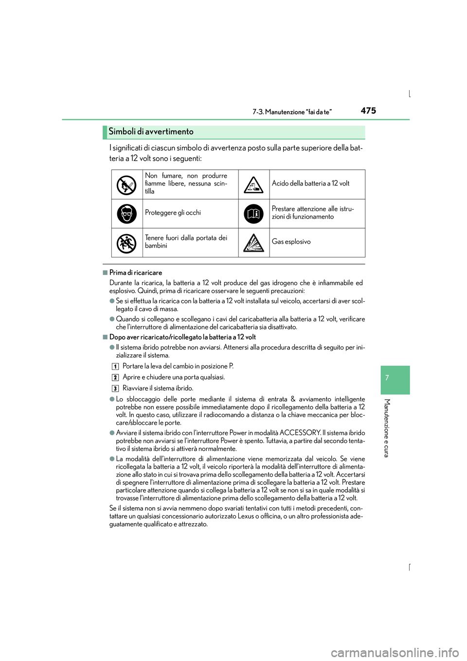 Lexus IS300h 2016 Manuale del proprietario (in Italian) 4757-3. Manutenzione “fai da te”
7
Manutenzione e cura
IS300h_EL(OM53D60L)
I significati di ciascun simbolo di avvertenza posto sulla parte superiore della bat-
teria a 12 volt sono i seguenti:
Lexus IS300h 2016 Manuale del proprietario (in Italian) 4757-3. Manutenzione “fai da te”
7
Manutenzione e cura
IS300h_EL(OM53D60L)
I significati di ciascun simbolo di avvertenza posto sulla parte superiore della bat-
teria a 12 volt sono i seguenti: