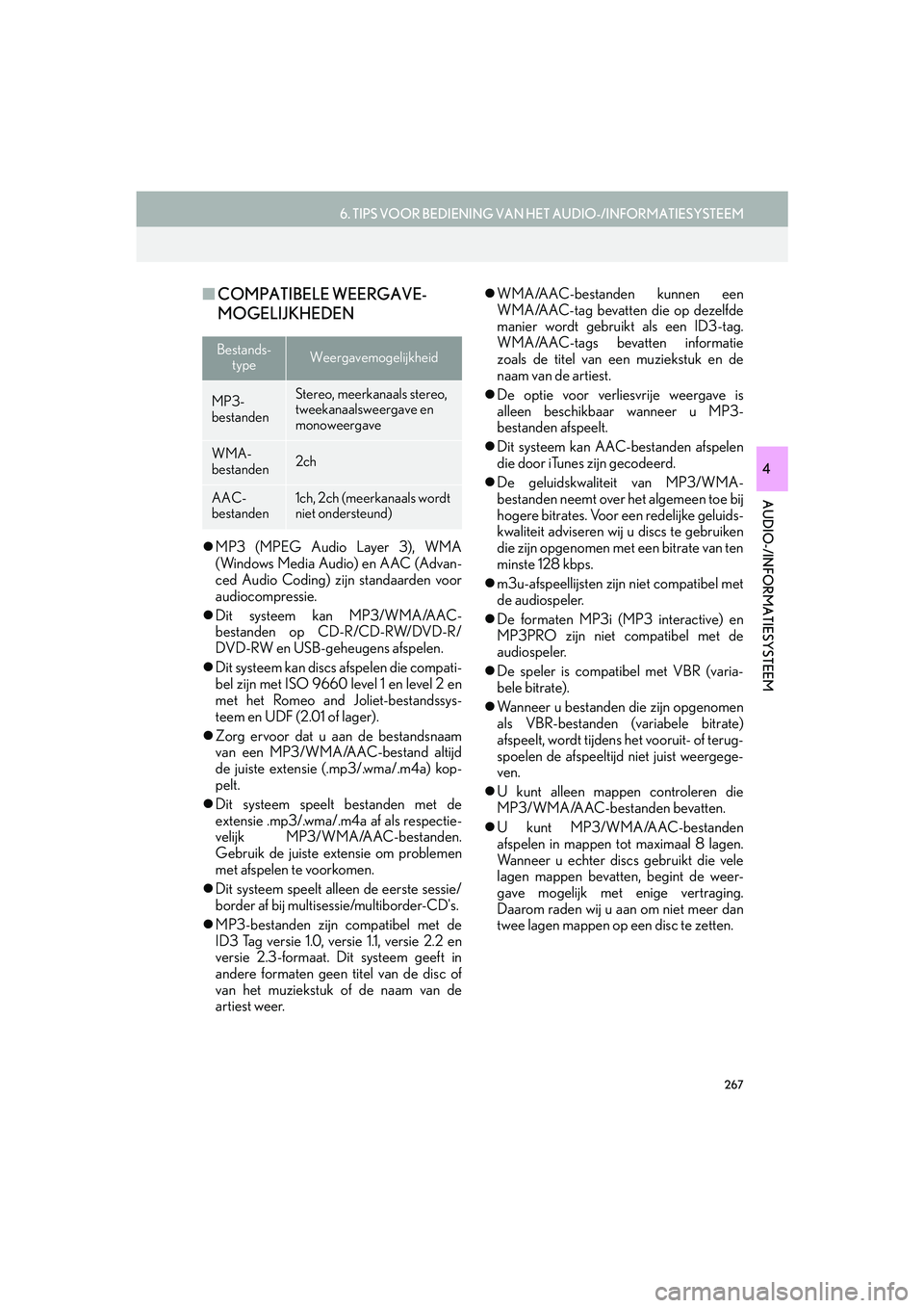 Lexus IS300h 2016 Navigation manual (in Dutch) 267
6. TIPS VOOR BEDIENING VAN HET AUDIO-/INFORMATIESYSTEEM
IS_Navi_EE
AUDIO-/INFORMATIESYSTEEM
4
■COMPATIBELE WEERGAVE-
MOGELIJKHEDEN
MP3 (MPEG Audio Layer 3), WMA
(Windows Media Audio) en AAC ( Lexus IS300h 2016 Navigation manual (in Dutch) 267
6. TIPS VOOR BEDIENING VAN HET AUDIO-/INFORMATIESYSTEEM
IS_Navi_EE
AUDIO-/INFORMATIESYSTEEM
4
■COMPATIBELE WEERGAVE-
MOGELIJKHEDEN
MP3 (MPEG Audio Layer 3), WMA
(Windows Media Audio) en AAC (