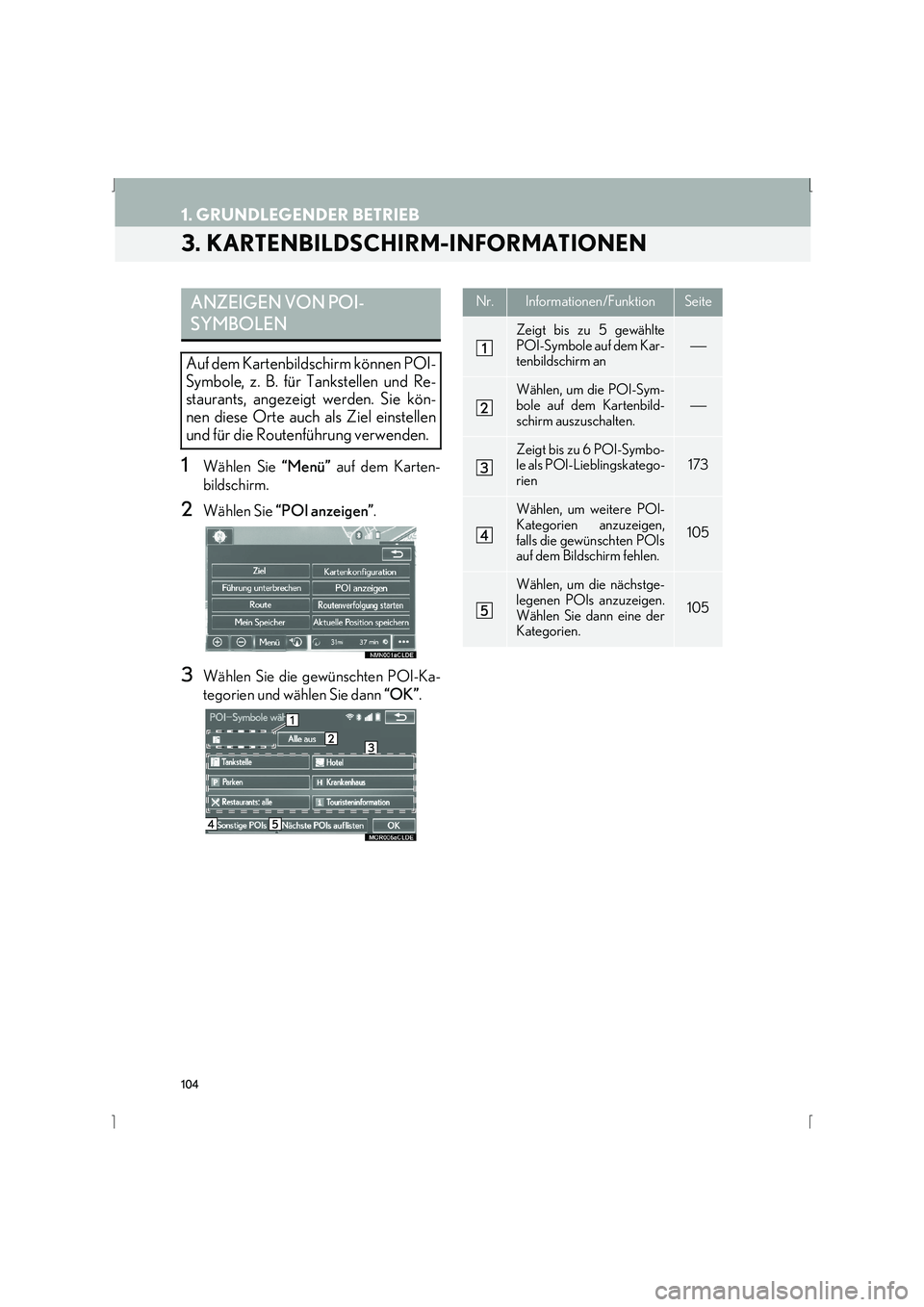 Lexus IS300h 2015  Navigationshandbuch (in German) 104
1. GRUNDLEGENDER BETRIEB
IS_Navi_EM
3. KARTENBILDSCHIRM-INFORMATIONEN
1Wählen Sie “Menü” auf dem Karten-
bildschirm.
2Wählen Sie  “POI anzeigen” .
3Wählen Sie die gewünschten POI-Ka-
