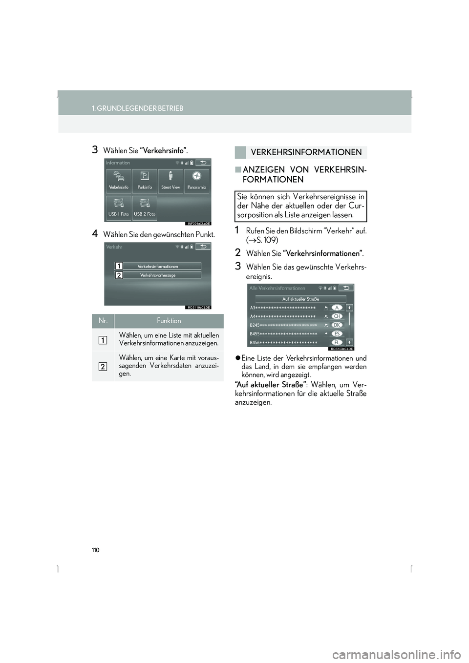 Lexus IS300h 2015  Navigationshandbuch (in German) 110
1. GRUNDLEGENDER BETRIEB
IS_Navi_EM
3Wählen Sie “Verkehrsinfo” .
4Wählen Sie den gewünschten Punkt.
■ANZEIGEN VON VERKEHRSIN-
FORMATIONEN
1Rufen Sie den Bildschirm “Verkehr” auf.
(→