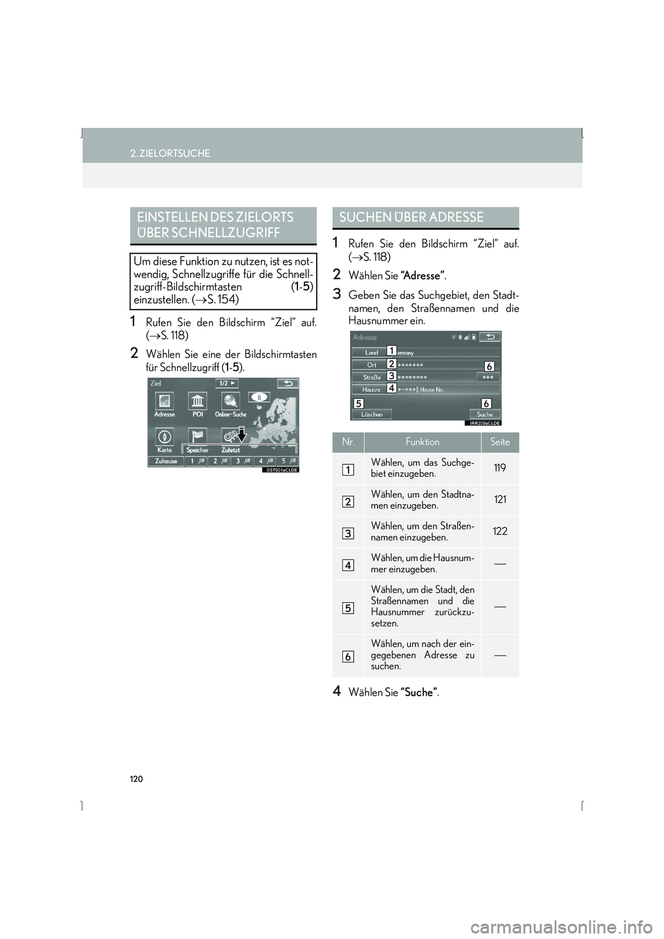 Lexus IS300h 2015  Navigationshandbuch (in German) 120
2. ZIELORTSUCHE
IS_Navi_EM
1Rufen Sie den Bildschirm “Ziel” auf.
(→ S. 118)
2Wählen Sie eine der Bildschirmtasten
für Schnellzugriff ( 1-5 ).
1Rufen Sie den Bildschirm “Ziel” auf.
(→