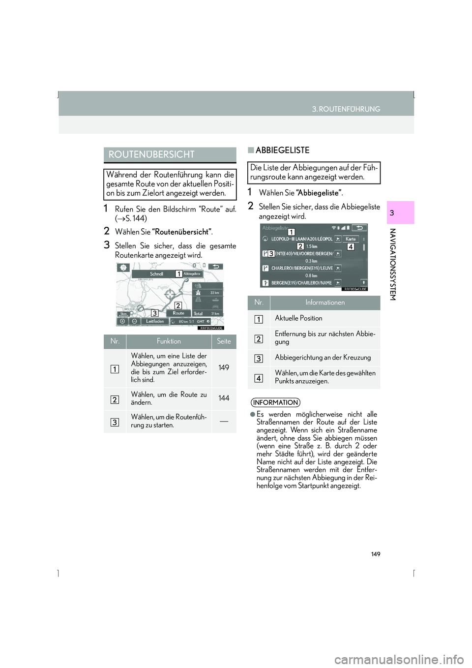 Lexus IS300h 2015 Navigationshandbuch (in German) 149
3. ROUTENFÜHRUNG
IS_Navi_EM
NAVIGATIONSSYSTEM
31Rufen Sie den Bildschirm “Route” auf.
(→ S. 144)
2Wählen Sie “Routenübersicht” .
3Stellen Sie sicher, dass die gesamte
Routenkarte ang Lexus IS300h 2015 Navigationshandbuch (in German) 149
3. ROUTENFÜHRUNG
IS_Navi_EM
NAVIGATIONSSYSTEM
31Rufen Sie den Bildschirm “Route” auf.
(→ S. 144)
2Wählen Sie “Routenübersicht” .
3Stellen Sie sicher, dass die gesamte
Routenkarte ang