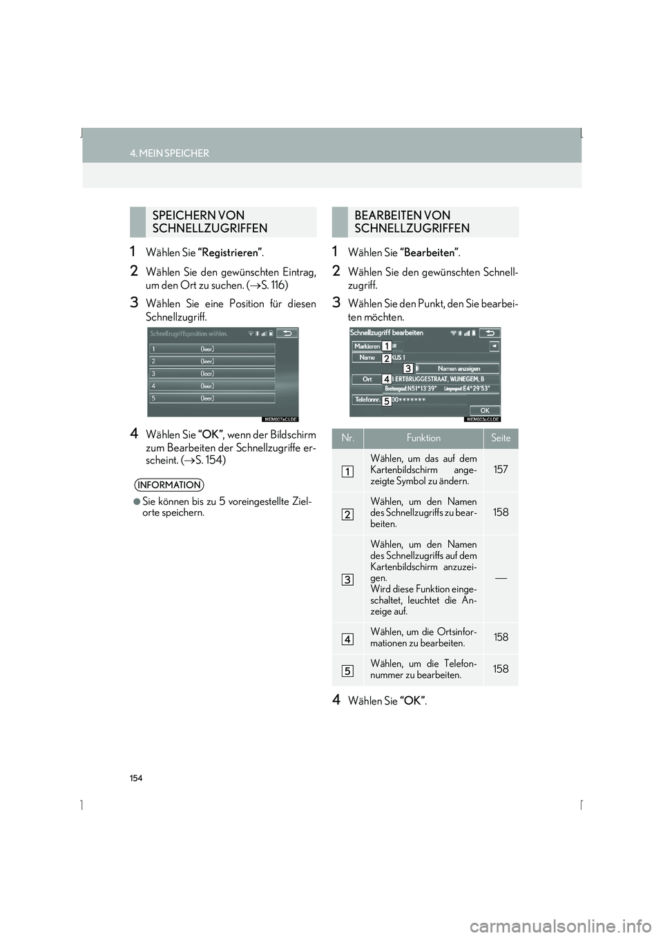 Lexus IS300h 2015  Navigationshandbuch (in German) 154
4. MEIN SPEICHER
IS_Navi_EM
1Wählen Sie “Registrieren” .
2Wählen Sie den gewünschten Eintrag,
um den Ort zu suchen. ( →S. 116)
3Wählen Sie eine Position für diesen
Schnellzugriff.
4Wäh