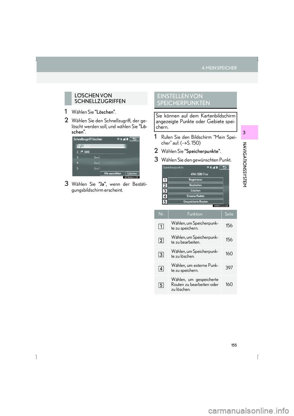 Lexus IS300h 2015  Navigationshandbuch (in German) 155
4. MEIN SPEICHER
IS_Navi_EM
NAVIGATIONSSYSTEM
3
1Wählen Sie “Löschen”.
2Wählen Sie den Schnellzugriff, der ge-
löscht werden soll, und wählen Sie  “Lö-
schen” .
3Wählen Sie  “J a 