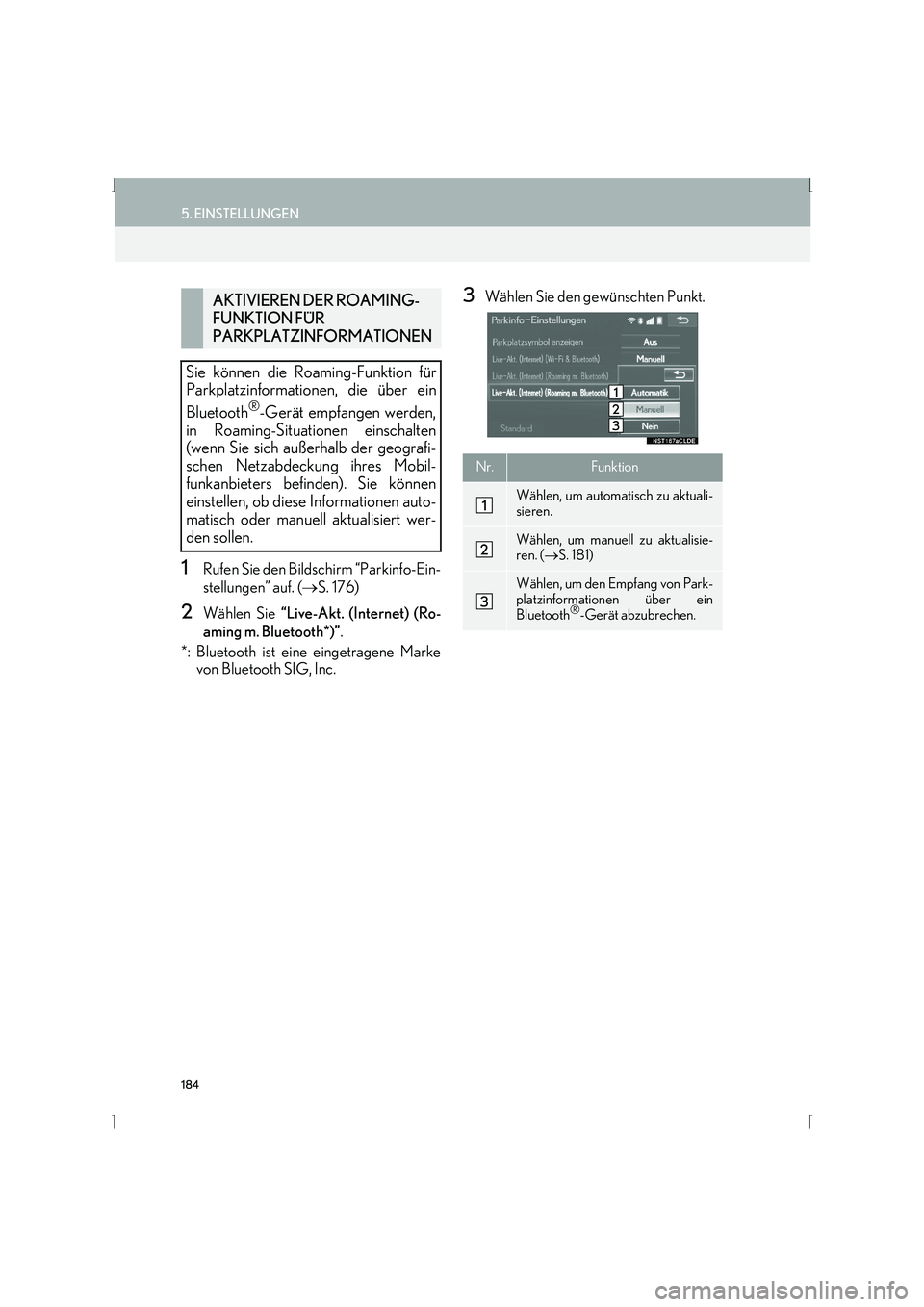 Lexus IS300h 2015  Navigationshandbuch (in German) 184
5. EINSTELLUNGEN
IS_Navi_EM
1Rufen Sie den Bildschirm “Parkinfo-Ein-
stellungen” auf. (→S. 176)
2Wählen Sie  “Live-Akt. (Internet) (Ro-
aming m. Bluetooth*)” .
*: Bluetooth ist eine ein