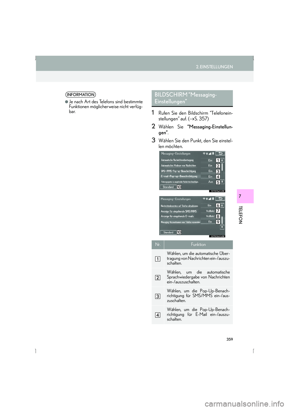 Lexus IS300h 2015  Navigationshandbuch (in German) 359
2. EINSTELLUNGEN
IS_Navi_EM
TELEFON
7
1Rufen Sie den Bildschirm “Telefonein-
stellungen” auf. (→S. 357)
2Wählen Sie  “Messaging-Einstellun-
gen” .
3Wählen Sie den Punkt, den Sie einste