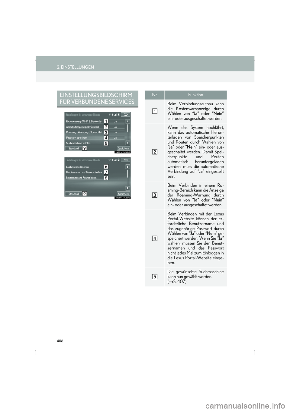 Lexus IS300h 2015  Navigationshandbuch (in German) 406
2. EINSTELLUNGEN
IS_Navi_EM
EINSTELLUNGSBILDSCHIRM 
FÜR VERBUNDENE SERVICESNr.Funktion
Beim Verbindungsaufbau kann
die Kostenwarnanzeige durch
Wählen von “J a ” oder  “Nein”
ein- oder au
