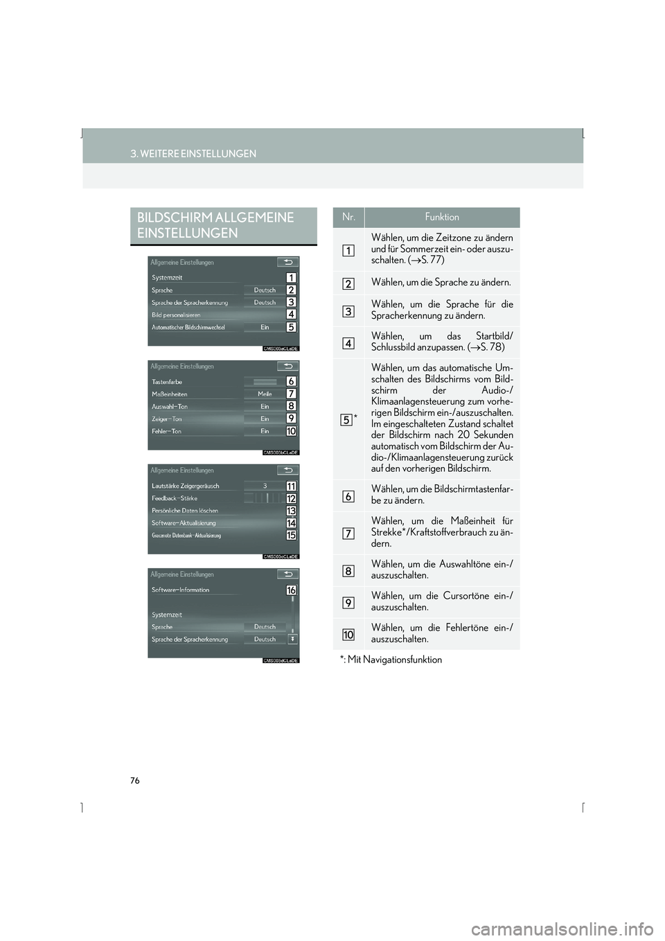 Lexus IS300h 2015  Navigationshandbuch (in German) 76
3. WEITERE EINSTELLUNGEN
IS_Navi_EM
BILDSCHIRM ALLGEMEINE 
EINSTELLUNGENNr.Funktion
Wählen, um die Zeitzone zu ändern
und für Sommerzeit ein- oder auszu-
schalten. (→S. 77)
Wählen, um die Spr