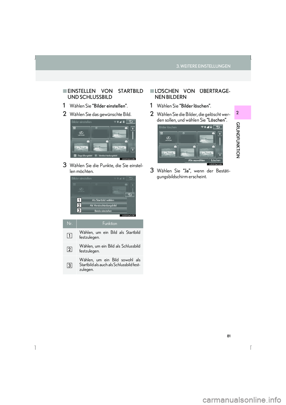 Lexus IS300h 2015  Navigationshandbuch (in German) 81
3. WEITERE EINSTELLUNGEN
IS_Navi_EM
GRUNDFUNKTION
2
■EINSTELLEN VON STARTBILD
UND SCHLUSSBILD
1Wählen Sie  “Bilder einstellen” .
2Wählen Sie das gewünschte Bild.
3Wählen Sie die Punkte, d