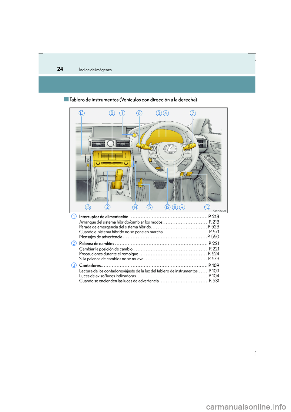 Lexus IS300h 2015 Manual del propietario (in Spanish) 24Índice de imágenes
IS300h_ES(OM53D59S)
■Tablero de instrumentos (Vehículos con dirección a la derecha)
Interruptor de alimentación . . . . . . . . . . . . . . . . . . . . . . . . . . . . . . Lexus IS300h 2015 Manual del propietario (in Spanish) 24Índice de imágenes
IS300h_ES(OM53D59S)
■Tablero de instrumentos (Vehículos con dirección a la derecha)
Interruptor de alimentación . . . . . . . . . . . . . . . . . . . . . . . . . . . . . .