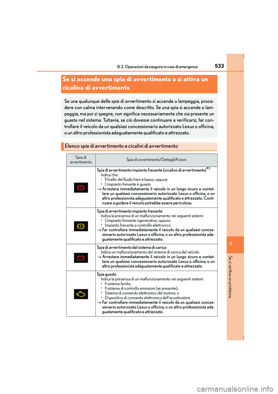 Lexus IS300h 2015  Manuale del proprietario (in Italian) 5338-2. Operazioni da eseguire in caso di emergenza
8
Se si verifica un problema
IS300h_EL(OM53D60L)
Se si accende una spia di avvertimento o si attiva un 
cicalino di avvertimento
Se una qualunque de