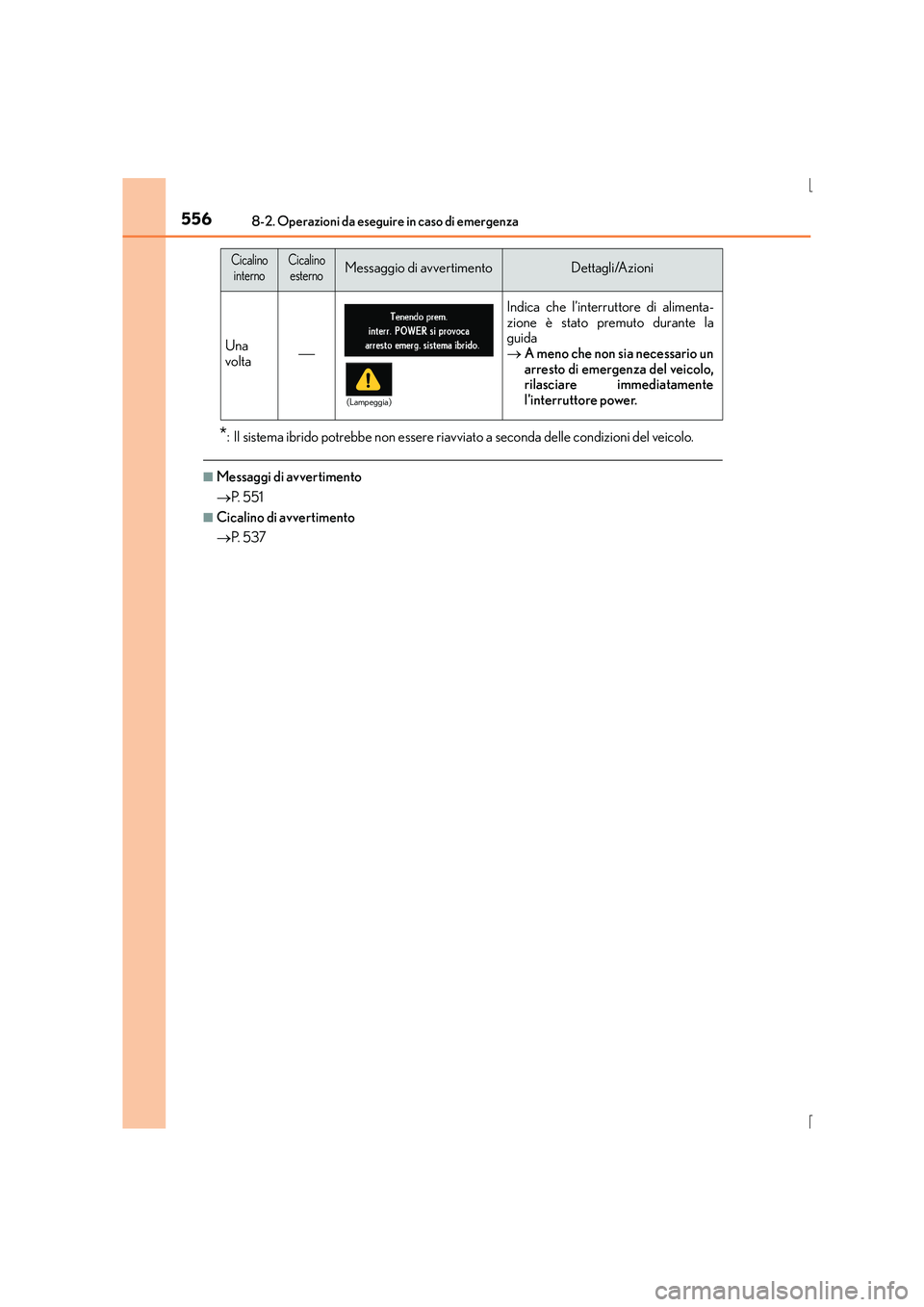 Lexus IS300h 2015  Manuale del proprietario (in Italian) 5568-2. Operazioni da eseguire in caso di emergenza
IS300h_EL(OM53D60L)
*: Il sistema ibrido potrebbe non essere riavviato a seconda delle condizioni del veicolo.
■Messaggi di avvertimento
→P.  5 
