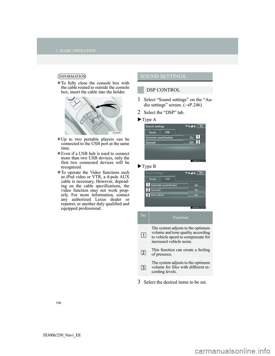 Lexus IS300h 2013 Navigation manual 196
1. BASIC OPERATION
IS300h/250_Navi_EE
1Select “Sound settings” on the “Au-
dio settings” screen. (P.246)
2Select the “DSP” tab.
Type A
Type B
3Select the desired items to be s Lexus IS300h 2013 Navigation manual 196
1. BASIC OPERATION
IS300h/250_Navi_EE
1Select “Sound settings” on the “Au-
dio settings” screen. (P.246)
2Select the “DSP” tab.
Type A
Type B
3Select the desired items to be s