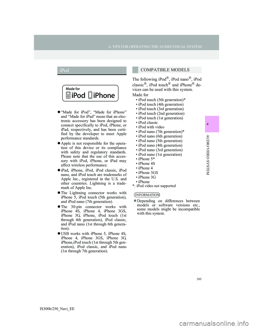 Lexus IS300h 2013 Navigation manual 263
6. TIPS FOR OPERATING THE AUDIO/VISUAL SYSTEM
4
AUDIO/VIDEO SYSTEM
IS300h/250_Navi_EE
“Made for iPod”, “Made for iPhone”
and “Made for iPad” mean that an elec-
tronic accessory has Lexus IS300h 2013 Navigation manual 263
6. TIPS FOR OPERATING THE AUDIO/VISUAL SYSTEM
4
AUDIO/VIDEO SYSTEM
IS300h/250_Navi_EE
“Made for iPod”, “Made for iPhone”
and “Made for iPad” mean that an elec-
tronic accessory has
