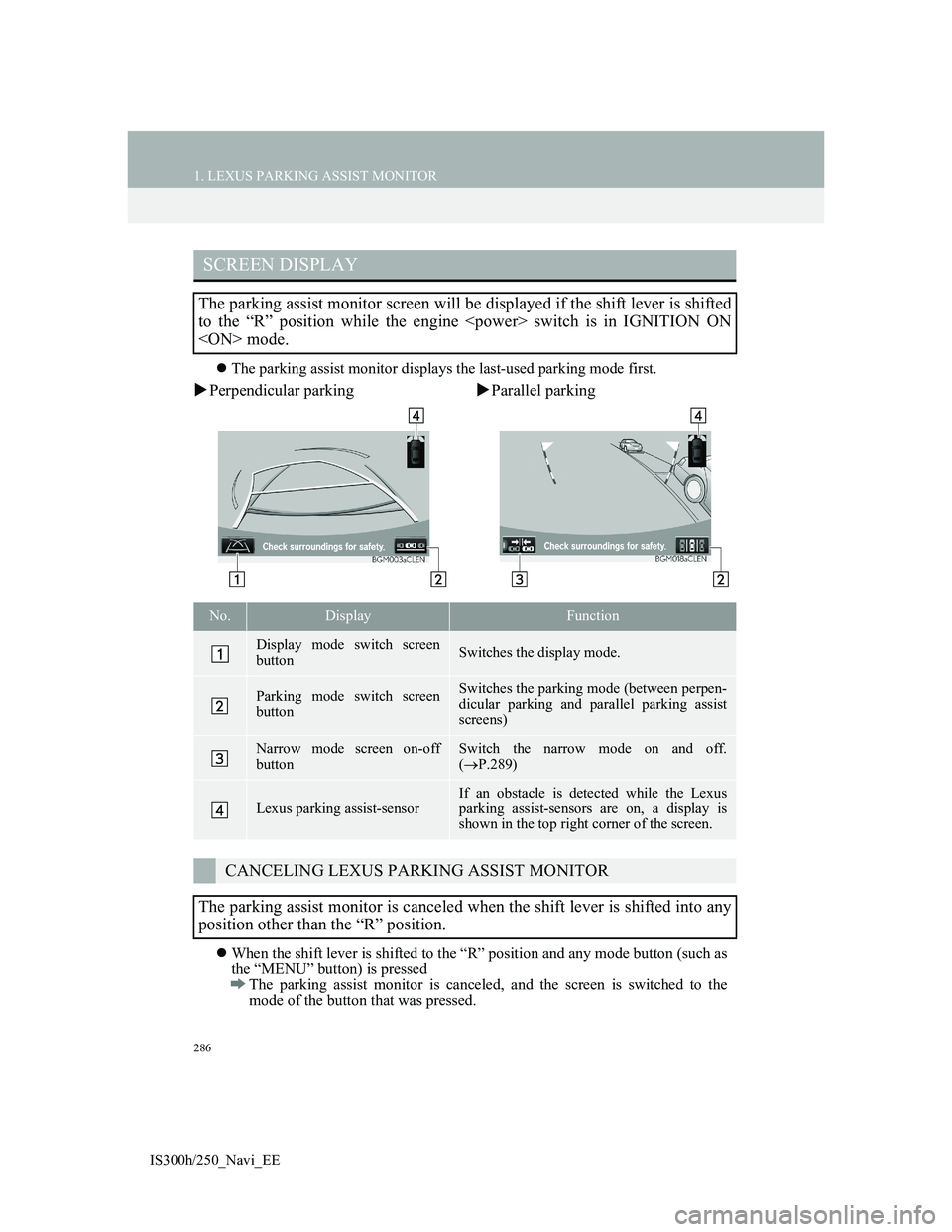 Lexus IS300h 2013  Navigation manual 286
1. LEXUS PARKING ASSIST MONITOR
IS300h/250_Navi_EE
The parking assist monitor displays the last-used parking mode first.
Perpendicular parkingParallel parking
When the shift lever is s