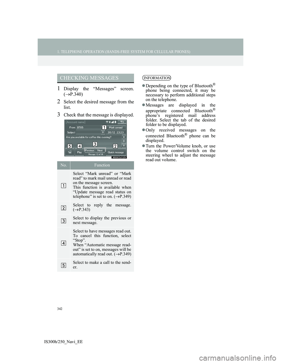 Lexus IS300h 2013 Navigation manual 342
1. TELEPHONE OPERATION (HANDS-FREE SYSTEM FOR CELLULAR PHONES)
IS300h/250_Navi_EE
1Display the “Messages” screen.
(P.340)
2Select the desired message from the
list.
3Check that the message Lexus IS300h 2013 Navigation manual 342
1. TELEPHONE OPERATION (HANDS-FREE SYSTEM FOR CELLULAR PHONES)
IS300h/250_Navi_EE
1Display the “Messages” screen.
(P.340)
2Select the desired message from the
list.
3Check that the message