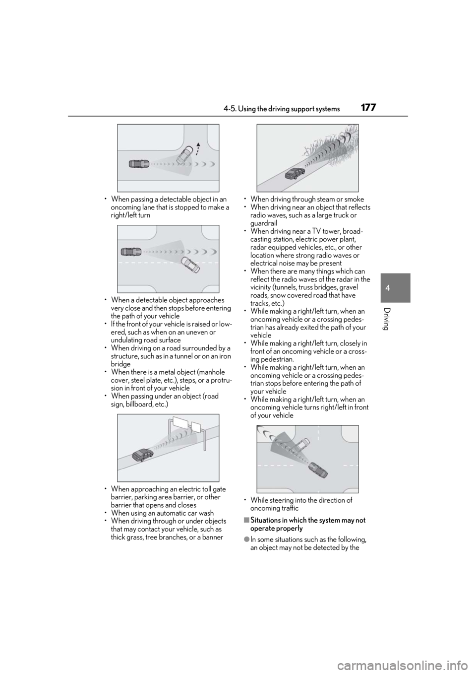Lexus IS350 2021  Owners Manual / LEXUS 2021 IS 300, IS 350 OWNERS MANUAL (OM53E98U) 1774-5. Using the driving support systems
4
Driving
• When passing a detectable object in an oncoming lane that is stopped to make a 
right/left turn
• When a detectable object approaches  very cl