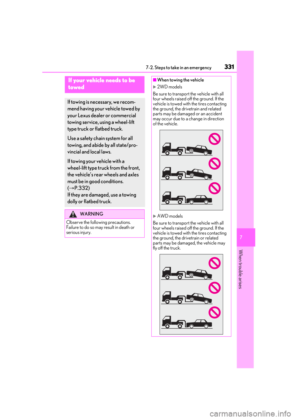 Lexus IS350 2021  Owners Manual / LEXUS 2021 IS 300, IS 350 OWNERS MANUAL (OM53E98U) 3317-2. Steps to take in an emergency
7
When trouble arises
7-2.Steps to take in an emergency
If your vehicle needs to be 
towed
If towing is necessary, we recom-
mend having your vehicle towed by 
yo