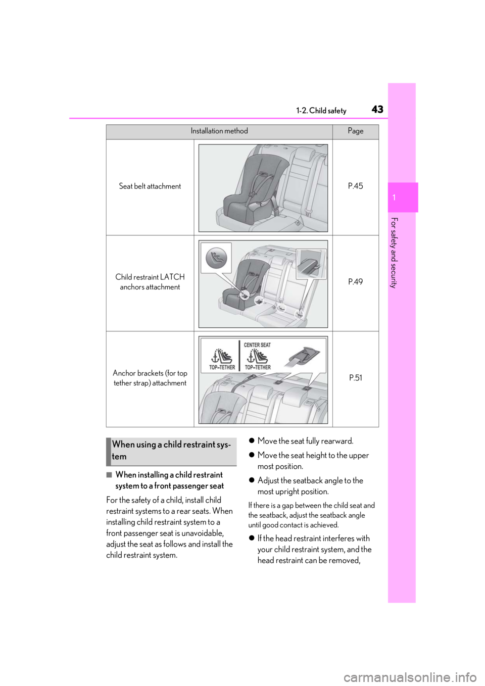 Lexus IS350 2021  Owners Manual / LEXUS 2021 IS 300, IS 350 OWNERS MANUAL (OM53E98U) 431-2. Child safety
1
For safety and security
■When installing a child restraint 
system to a front passenger seat
For the safety of a child, install child 
restraint systems to a rear seats. When 
