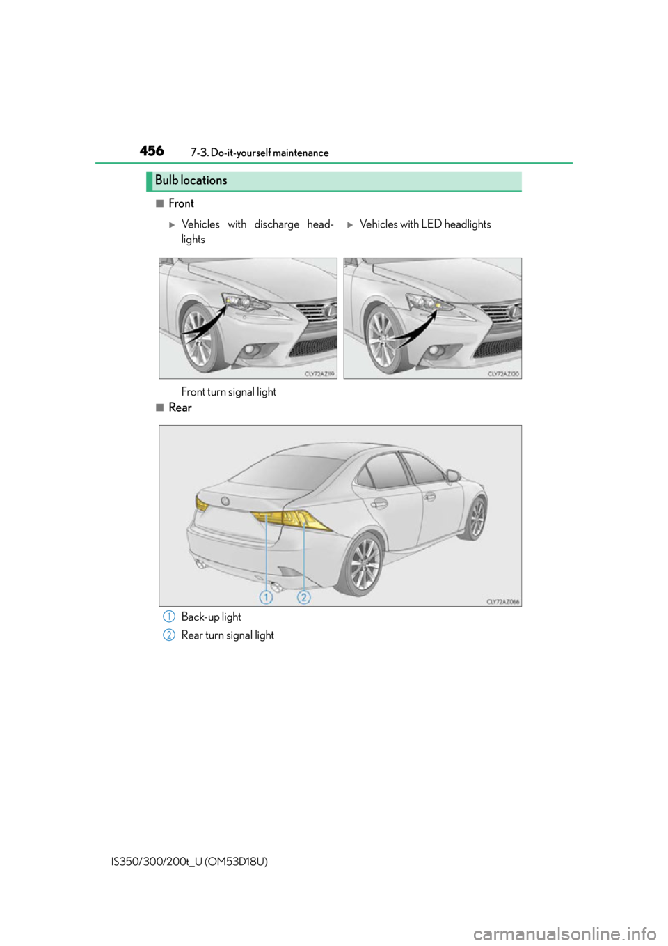 Lexus IS350 2016  Owners Manual / LEXUS 2016 IS200T,IS300,IS350 OWNERS MANUAL (OM53D18U) 4567-3. Do-it-yourself maintenance
IS350/300/200t_U (OM53D18U)
■Front
■Rear
Bulb locations
Vehicles with discharge head-
lightsVehicles with LED headlights
Front turn signal light
Back-up li