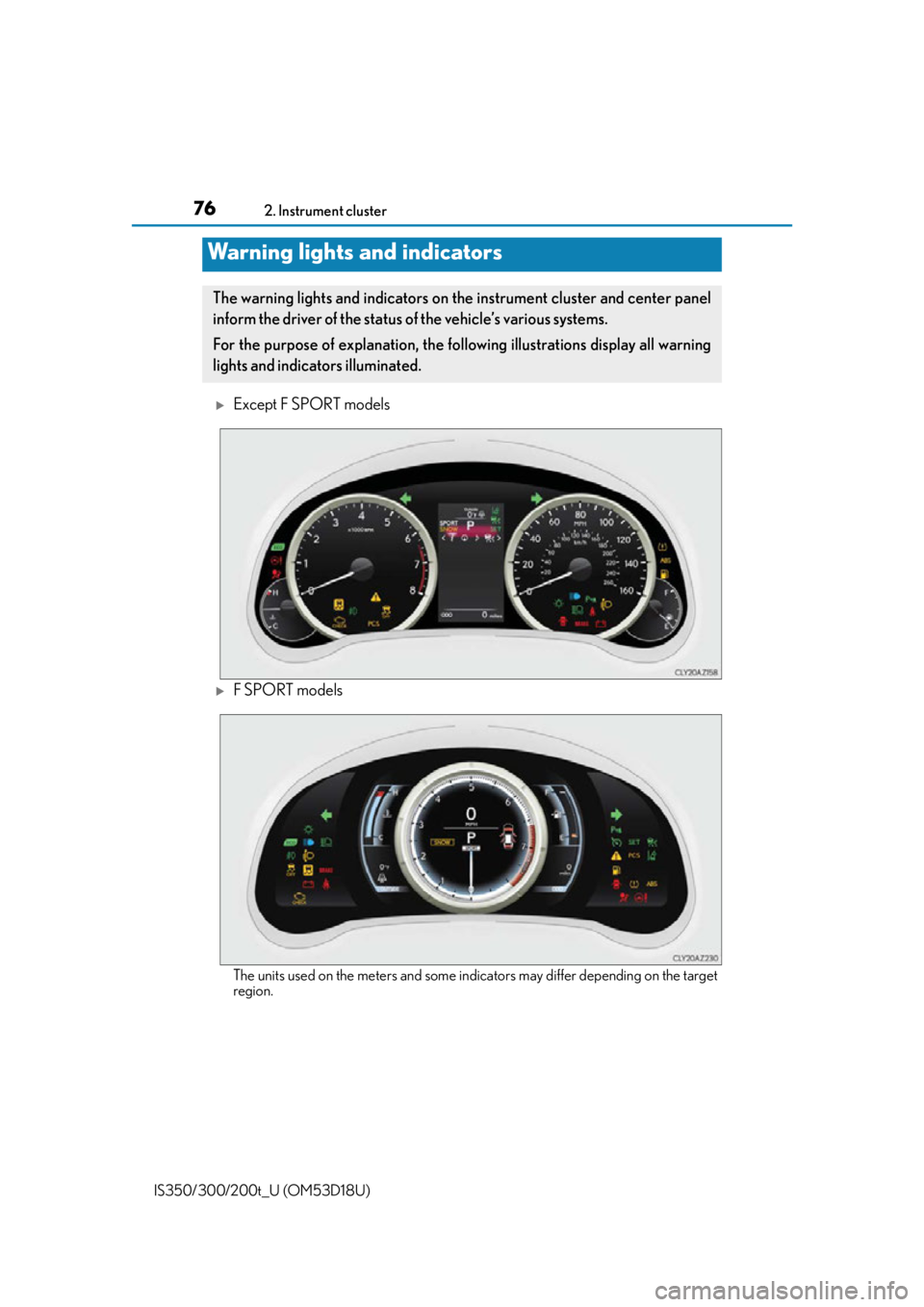 Lexus IS350 2016  Owners Manual / LEXUS 2016 IS200T,IS300,IS350 OWNERS MANUAL (OM53D18U) 76
IS350/300/200t_U (OM53D18U)2. Instrument cluster
Except F SPORT models
F SPORT models
The units used on the meters and some indicators may differ depending on the target
region.
Warning light