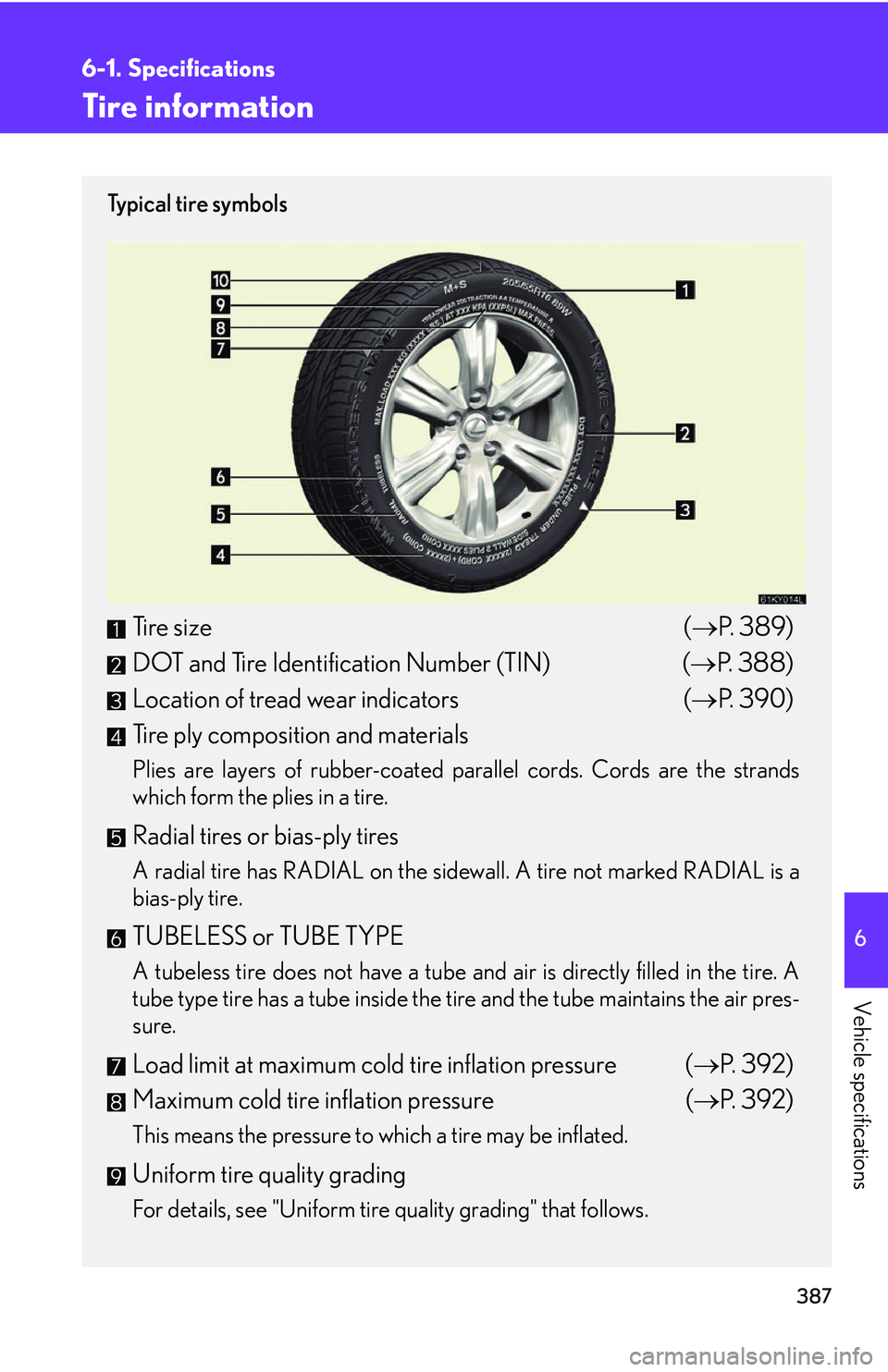 Lexus IS350 2006  Scheduled Maintenance Guide / LEXUS 2006 IS350/250 THROUGH APRIL 2006 PROD. OWNERS MANUAL (OM53508U) 387
6-1. Specifications
6
Vehicle specifications
Tire information
Ty p i c a l  t i r e  s y m b o l s
Tire size(P. 389)
DOT and Tire Identification Number (TIN) ( P. 388)
Location of tread wear