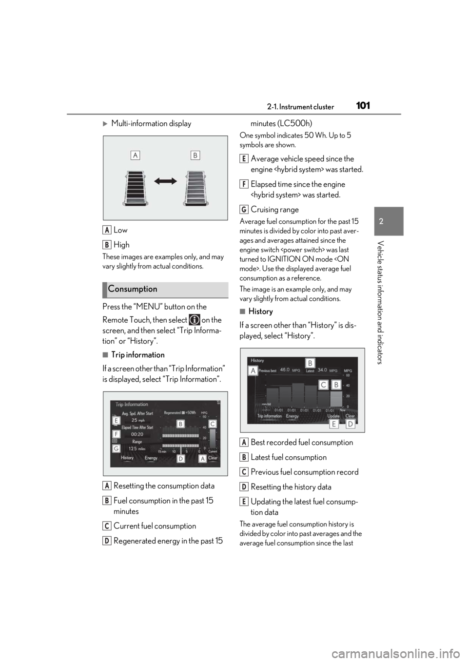 Lexus LC500 2021  Owners Manual / LEXUS 2021 LC500,LC500H OWNERS MANUAL (OM11559U) 1012-1. Instrument cluster
2
Vehicle status information and indicators
Multi-information displayLow
High
These images are examples only, and may 
vary slightly from actual conditions.
Press the “