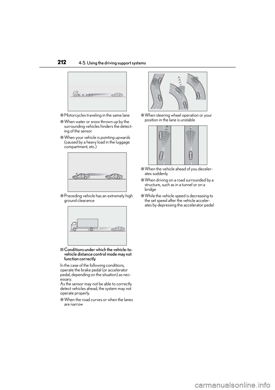 lexus LC500 2019 Owners Manual / LEXUS 2019 LC 500,LC 500H OWNERS MANUAL (OM11471U) 2124-5. Using the driving support systems
●Motorcycles traveling in the same lane
●When water or snow thrown up by the
surrounding vehicles hinders the detect-
ing of the sensor
●When your vehi lexus LC500 2019 Owners Manual / LEXUS 2019 LC 500,LC 500H OWNERS MANUAL (OM11471U) 2124-5. Using the driving support systems
●Motorcycles traveling in the same lane
●When water or snow thrown up by the
surrounding vehicles hinders the detect-
ing of the sensor
●When your vehi