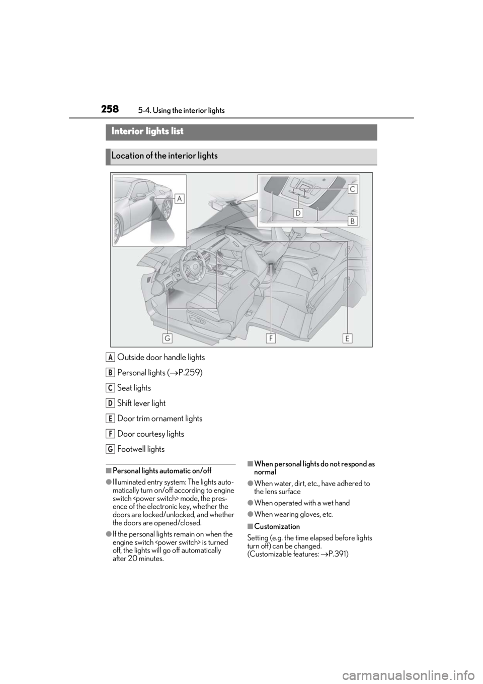 lexus LC500 2019  Owners Manual / LEXUS 2019 LC 500,LC 500H OWNERS MANUAL (OM11471U) 2585-4. Using the interior lights
5-4.Using the interior lights
Outside door handle lights
Personal lights ( P.259)
Seat lights
Shift lever light
Door trim ornament lights
Door courtesy lights
Foot