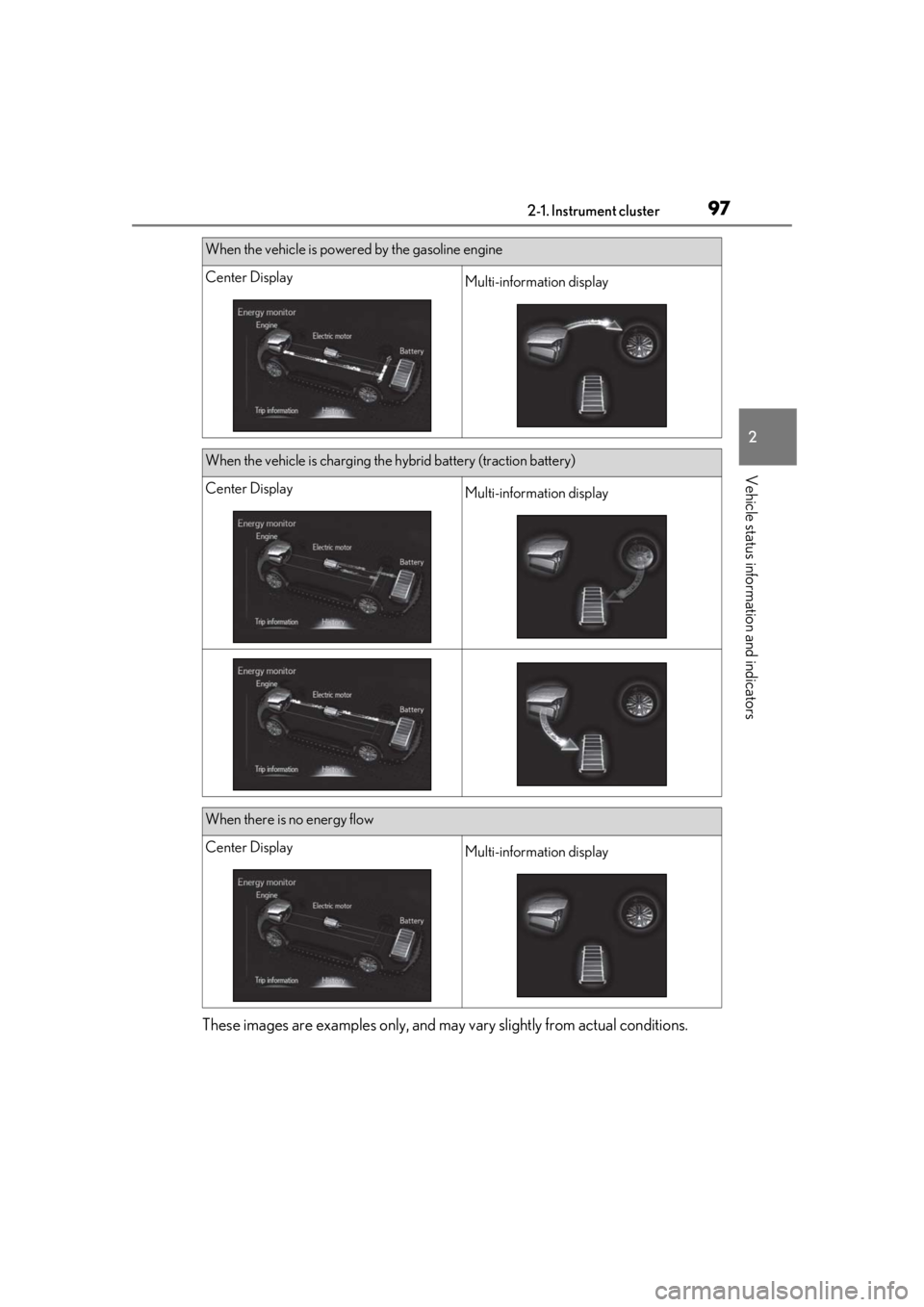 lexus LC500 2019  Owners Manual / LEXUS 2019 LC 500,LC 500H OWNERS MANUAL (OM11471U) 972-1. Instrument cluster
2
Vehicle status information and indicators
These images are examples only, and may vary slightly from actual conditions.
When the vehicle is powered by the gasoline engine
C