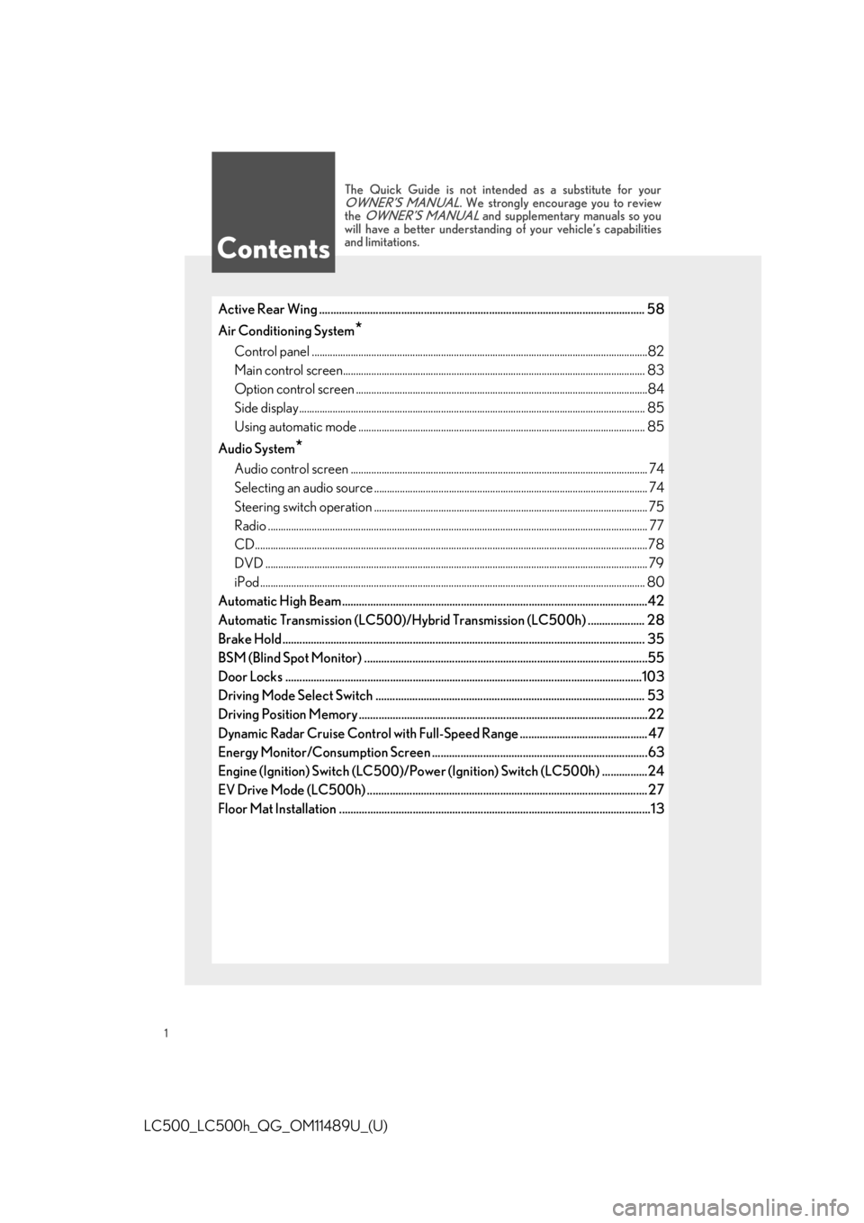 lexus LC500 2019 Owners Manual / LEXUS 2019 LC 500,LC 500H OWNERS MANUAL QUICK GUIDE (OM11489U) 1
LC500_LC500h_QG_OM11489U_(U)
Active Rear Wing ................................................................................................................... 58
Air Conditioning System
*
Control lexus LC500 2019 Owners Manual / LEXUS 2019 LC 500,LC 500H OWNERS MANUAL QUICK GUIDE (OM11489U) 1
LC500_LC500h_QG_OM11489U_(U)
Active Rear Wing ................................................................................................................... 58
Air Conditioning System
*
Control