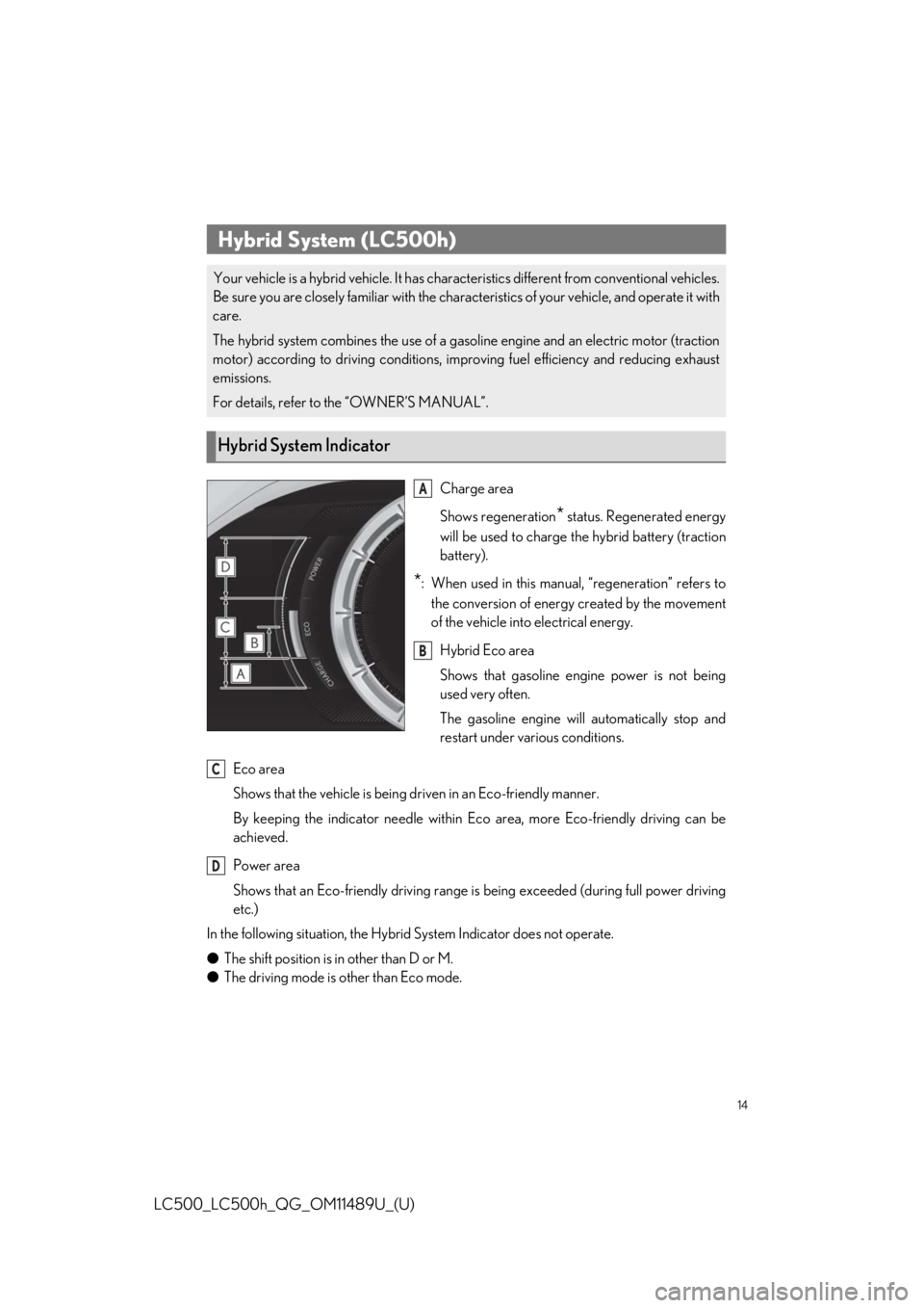 lexus LC500 2019 Owners Manual / LEXUS 2019 LC 500,LC 500H OWNERS MANUAL QUICK GUIDE (OM11489U) 14
LC500_LC500h_QG_OM11489U_(U)
Eco area
Shows that the vehicle is being driven in an Eco-friendly manner.
By keeping the indicator needle within Ec o area, more Eco-friendly driving can be
achieved.
lexus LC500 2019 Owners Manual / LEXUS 2019 LC 500,LC 500H OWNERS MANUAL QUICK GUIDE (OM11489U) 14
LC500_LC500h_QG_OM11489U_(U)
Eco area
Shows that the vehicle is being driven in an Eco-friendly manner.
By keeping the indicator needle within Ec o area, more Eco-friendly driving can be
achieved.