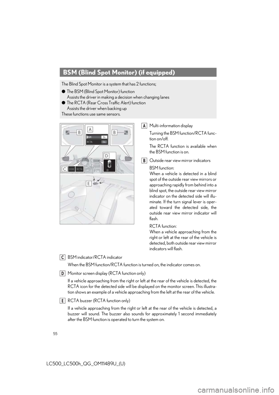 lexus LC500 2019 Owners Manual / LEXUS 2019 LC 500,LC 500H OWNERS MANUAL QUICK GUIDE (OM11489U) 55
LC500_LC500h_QG_OM11489U_(U)
Multi-information display
Turning the BSM function/RCTA func-
tion on/off.
The RCTA function is available when
the BSM function is on.
Outside rear view mirror indicato lexus LC500 2019 Owners Manual / LEXUS 2019 LC 500,LC 500H OWNERS MANUAL QUICK GUIDE (OM11489U) 55
LC500_LC500h_QG_OM11489U_(U)
Multi-information display
Turning the BSM function/RCTA func-
tion on/off.
The RCTA function is available when
the BSM function is on.
Outside rear view mirror indicato