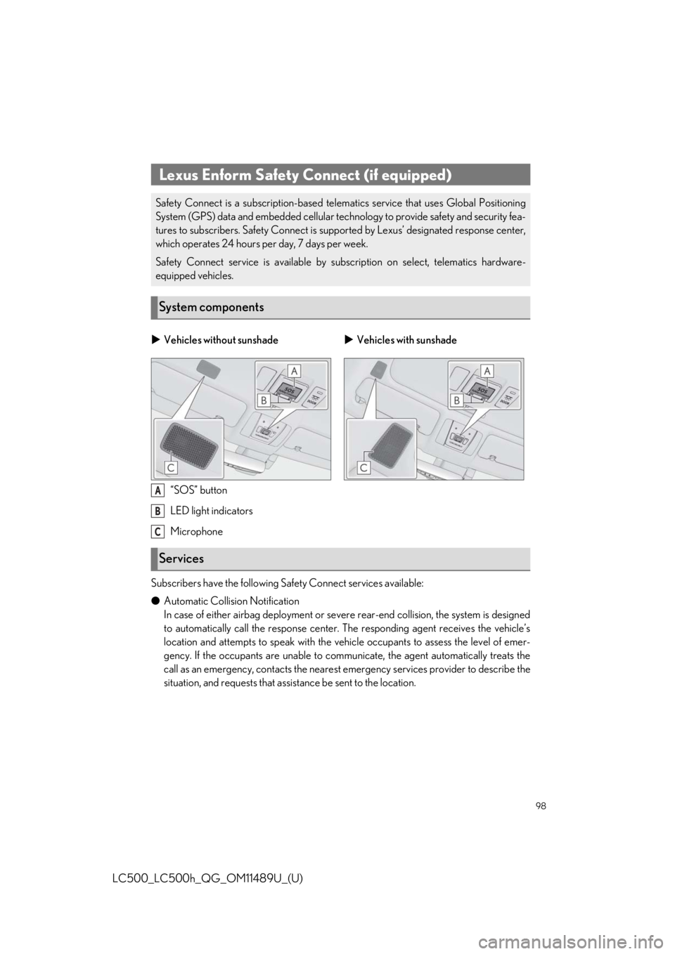 lexus LC500 2019 Owners Manual / LEXUS 2019 LC 500,LC 500H OWNERS MANUAL QUICK GUIDE (OM11489U) 98
LC500_LC500h_QG_OM11489U_(U)
“SOS” button
LED light indicators
Microphone
Subscribers have the following Safety Connect services available:
● Automatic Collision Notification
In case of eithe lexus LC500 2019 Owners Manual / LEXUS 2019 LC 500,LC 500H OWNERS MANUAL QUICK GUIDE (OM11489U) 98
LC500_LC500h_QG_OM11489U_(U)
“SOS” button
LED light indicators
Microphone
Subscribers have the following Safety Connect services available:
● Automatic Collision Notification
In case of eithe