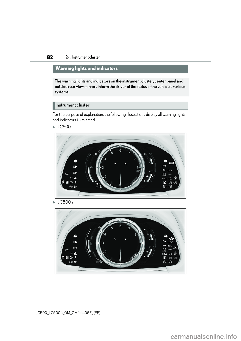 lexus LC500 2018  Owners Manual 82
�-�$����@�-�$����I�@�0�.�@�0�.������&�@�	�&�&�

2-1. Instrument cluster
2-1.Instrument clus te r
For the purpose of explanation, the following illustrations display all warning lights  
