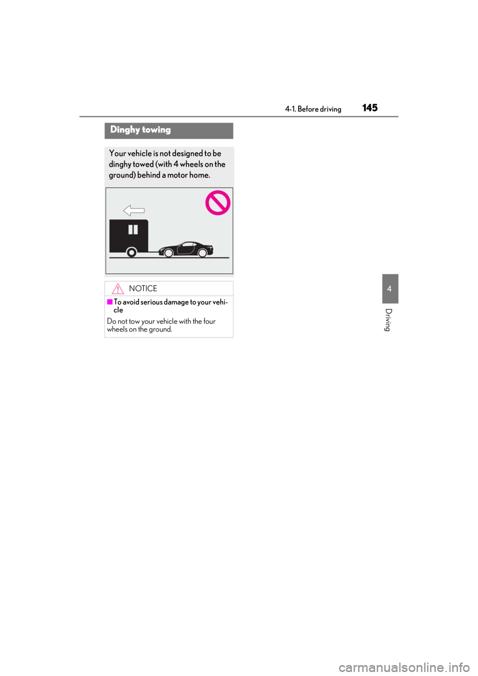 lexus LC500C 2021  Owners Manual / LEXUS 2021 LC500 CONVERTIBLE OWNERS MANUAL (OM11498U) 1454-1. Before driving
4
Driving
Dinghy towing
Your vehicle is not designed to be 
dinghy towed (with 4 wheels on the 
ground) behind a motor home.
NOTICE
■To avoid serious damage to your vehi-
cle
