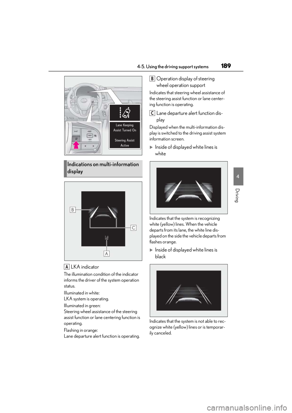 lexus LC500C 2021 Owners Manual / LEXUS 2021 LC500 CONVERTIBLE OWNERS MANUAL (OM11498U) 1894-5. Using the driving support systems
4
Driving
LKA indicator
The illumination condition of the indicator
informs the driver of the system operation
status.
Illuminated in white:
LKA system is lexus LC500C 2021 Owners Manual / LEXUS 2021 LC500 CONVERTIBLE OWNERS MANUAL (OM11498U) 1894-5. Using the driving support systems
4
Driving
LKA indicator
The illumination condition of the indicator
informs the driver of the system operation
status.
Illuminated in white:
LKA system is
