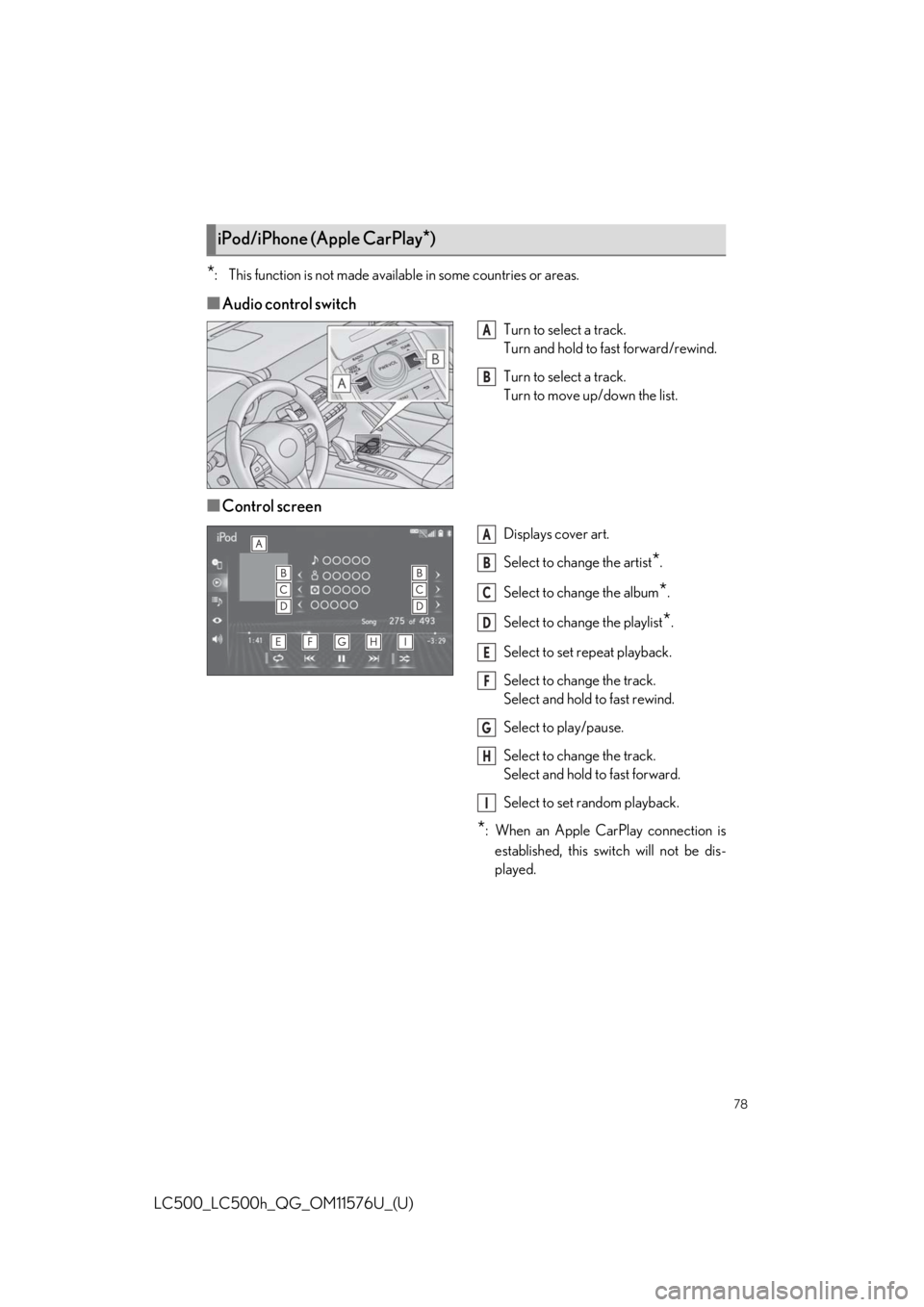 lexus LC500h 2021  Owners Manual / LEXUS 2021 LC500,LC500H OWNERS MANUAL QUICK GUIDE (OM11576U) 78
LC500_LC500h_QG_OM11576U_(U)
*: This function is not made available in some countries or areas.
■Audio control switch
Turn to select a track.
Turn and hold to fast forward/rewind.
Turn to select 