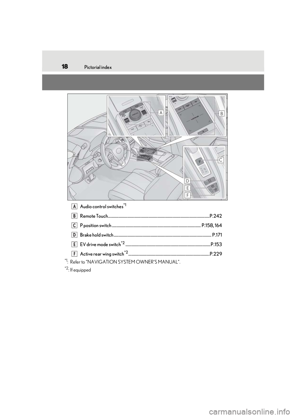 lexus LC500h 2019  Owners Manual / LEXUS 2019 LC 500,LC 500H OWNERS MANUAL (OM11471U) 18Pictorial index
Audio control switches*1
Remote Touch.........................................................................................................P.242
P position switch ................