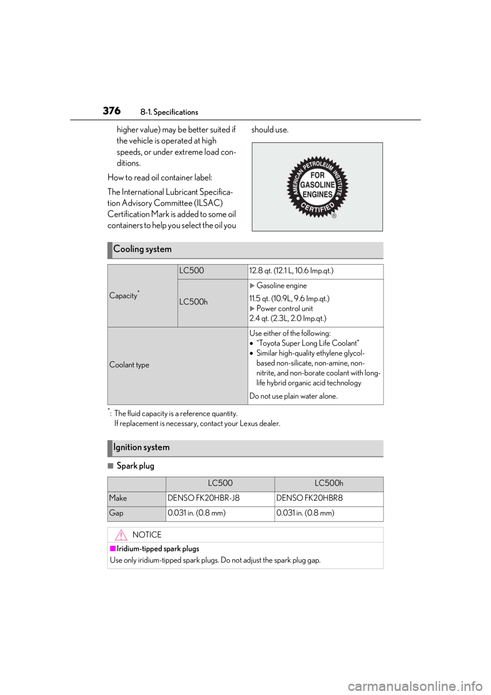 lexus LC500h 2019 Owners Manual / LEXUS 2019 LC 500,LC 500H OWNERS MANUAL (OM11471U) 3768-1. Specifications
higher value) may be better suited if
the vehicle is operated at high
speeds, or under extreme load con-
ditions.
How to read oil container label:
The International Lubricant lexus LC500h 2019 Owners Manual / LEXUS 2019 LC 500,LC 500H OWNERS MANUAL (OM11471U) 3768-1. Specifications
higher value) may be better suited if
the vehicle is operated at high
speeds, or under extreme load con-
ditions.
How to read oil container label:
The International Lubricant