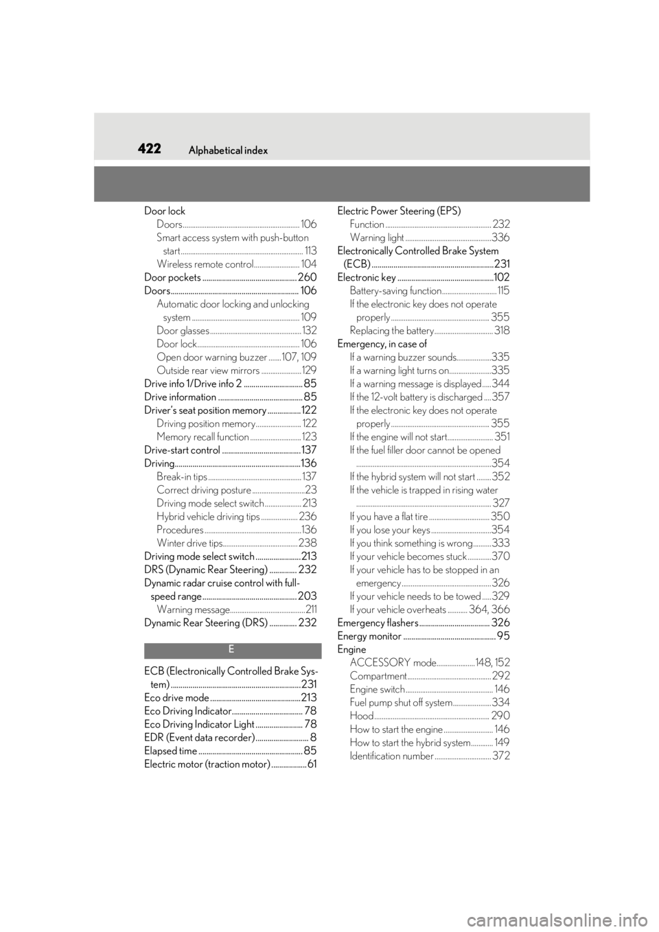 lexus LC500h 2019 Owners Manual / LEXUS 2019 LC 500,LC 500H OWNERS MANUAL (OM11471U) 422Alphabetical index
Door lockDoors................................................................ 106
Smart access system with push-button start .................................................... lexus LC500h 2019 Owners Manual / LEXUS 2019 LC 500,LC 500H OWNERS MANUAL (OM11471U) 422Alphabetical index
Door lockDoors................................................................ 106
Smart access system with push-button start ....................................................