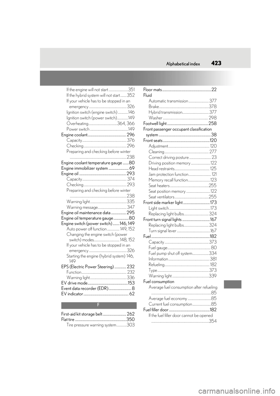 lexus LC500h 2019 Owners Manual / LEXUS 2019 LC 500,LC 500H OWNERS MANUAL (OM11471U) Alphabetical index423
If the engine will not start .........................351
If the hybrid system will not start ........ 352
If your vehicle has to be stopped in an
emergency .................... lexus LC500h 2019 Owners Manual / LEXUS 2019 LC 500,LC 500H OWNERS MANUAL (OM11471U) Alphabetical index423
If the engine will not start .........................351
If the hybrid system will not start ........ 352
If your vehicle has to be stopped in an
emergency ....................